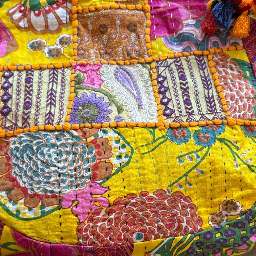 Tribe Azure Fair Trade Cotton Yellow Multi Patchwork Boho Tassel Tote Bag NWOT - Picture 5 of 16